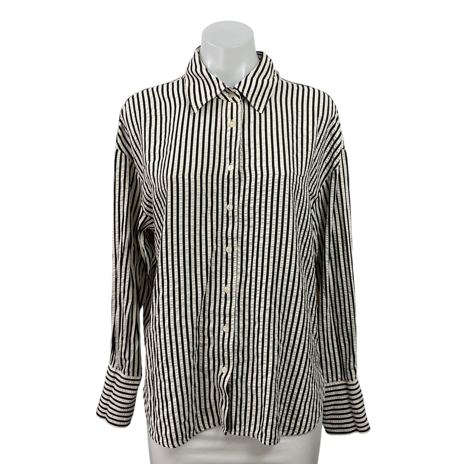 Mng By Mango Women's Black White Long Sleeves Striped Button Down Shirt Top Sz M